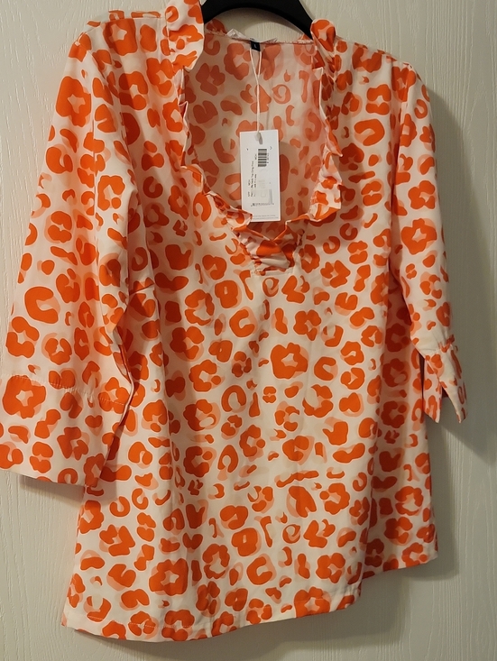 Michelle Mcdowell Tops - NWT Womens Orange Leopard Print Ruffle-Neck Blouse